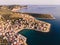 Thasos Island Skala Marion traditional village, harbour and beach as seen at sunset from above