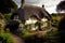 thatched cottage with garden and sitting area, surrounded by beautiful rolling hills