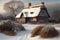 thatched cottage in snowy winter setting