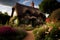 thatched cottage surrounded by blooming flowers and green foliage