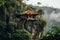 A thatched hut atop a unique rock formation amidst lush greenery, under the soft glow of sunrise