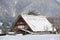 Thatched roof house covered in snow