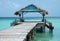 Thatched roofed jetty of Pigeon Point Beach in the Caribean sea on Tobago