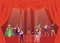 Theater actors or show artists on stage with curtains flat vector illustration.