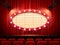 Theater frame illuminated by spotlight. Retro cinema sign with border decorated with lamps on red curtains