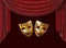 Theater masks, drama and comedy on a red curtain. 3D image