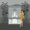 Theater and palm trees and woman elegantly dressed in front