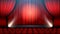 Theater show stage interior with red curtain, spotlight and theater chairs