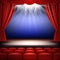 Theater stage. Festive background audience movie opera light with red silk curtains and auditorium seats vector