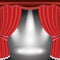 Theater stage with open red curtain and spotlight