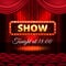 A theater stage with a red curtain and a spotlight with golden sparkles. Festival or show poster, invitation concert