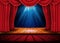 A theater stage with a red curtain and a spotlight and wooden floor. Festival Night Show poster. Vector