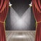 Theater stage with red curtain, wooden floor, spotlights and seamless wallpaper.