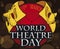 Theatrical Golden Masks and Commemorative Button for World Theatre Day, Vector Illustration