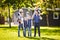 Theme family active leisure outside in nature. large Caucasian family with four children. Mom and Dad actively relaxing. enjoy