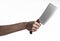 The theme of the kitchen: Chef hand holding a large kitchen knife for cutting meat on a white background isolated