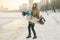 Theme outdoor activities in winter. Loving couple man and woman Caucasian joy happiness happiness love emotions on the shore of