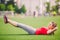Theme sport and health. Young beautiful Caucasian woman doing warm-up, warming up muscles, abdominal muscles workout, losing belly
