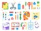 Themed kids creativity creation symbols poster in flat style with artistic objects for children art school fest unusual