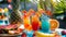 A themed mocktail party with a vibrant tropical theme complete with brightly colored drinks and tropical fruit skewers