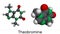 Theobromine, dimethylxanthine, purine alkaloid C7H8N4O2 molecule. It is xanthine alkaloid in the cacao bean