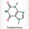 Theobromine, dimethylxanthine, purine alkaloid C7H8N4O2 molecule. It is xanthine alkaloid in the cacao bean. Skeletal chemical