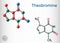 Theobromine, dimethylxanthine, purine alkaloid C7H8N4O2 molecule. It is xanthine alkaloid in the cacao bean. Structural chemical