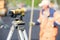 Theodolite tool at construction site during road works