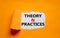 Theory and practice symbol. Words `Theory and practice` appearing behind torn orange paper. Beautiful orange background. Busines