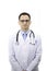 Therapist with glasses in white coat with stethoscope white background