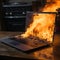 There is a burning laptop on the table