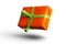 There is flying Christmas orange gift with green ribbon on the white background. Merry Christmas. Happy New Year 2020