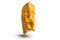 There is flying yellow/gold piece of cheese on the white background. Merry Christmas. Happy New Year 2020