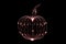 There is heart like apple made of different colors water red, pink, orange on the black background.