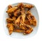 There is hearty snack on plate - large portion of fried chicken wings