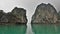 There is a narrow passage between the islands in Halong Bay.