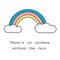 There`s no rainbow without the rain motivational slogan card with cute colorful cartoon rainbow and clouds illustration