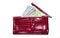 There`s paper money in the wallet. Russian new banknotes. Red wallet with money