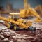 There are several small toy trucks and large yellow bulldozer on top of some dirt. The scene is set up as if it\\\'s an