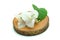 there is a small White Bougainvillea Flower on a wooden slice