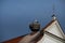 There is a stork\\\'s nest on the roof of a church in Westendorf Bavaria. The storks are sitting in the nest. The tiled roof is