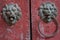 There are two gold lion knockers on the red door
