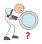 There is a very minor problem and the stickman businessman examines the tiny question mark with a magnifying glass, hand drawn