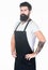 Theres no doubting he looks good. Bearded man wearing barber or cooking apron. Long bearded man keeping arms crossed