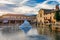 Thermal bath town of Bagno Vignoni, Italy during sunrise. Old thermal baths in the medieval village Bagno Vignoni, Tuscany, Italy