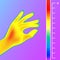 Thermal imager scan Human hand. The image of a female arm using Thermographic camera. Scale is degrees Fahrenheit.