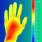 Thermal imager scan Human hand vector illustration. Scale is degrees Fahrenheit.