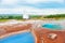 Thermal lake Blesi and eruption of Strokkur Geysir, Iceland