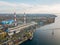 Thermal power plant. Aerial view from drone of large industrial area on shore of Voronezh water reservoir