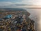 Thermal power plant. Aerial view from drone of large industrial area on shore of Voronezh water reservoir